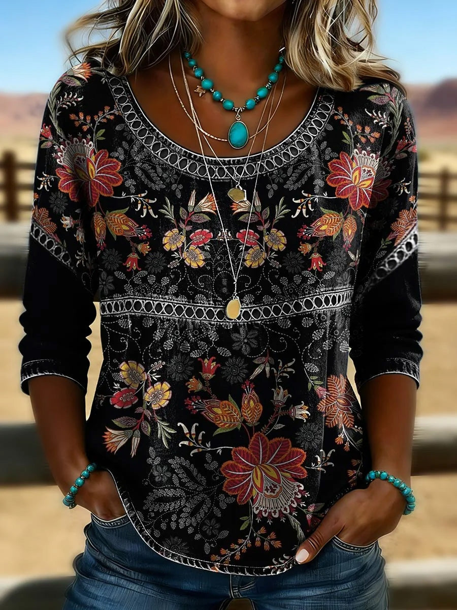 Women's Retro Casual Style Print Vintage Half Sleeves Shirt